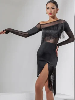 Costume De Danse Latine Noir Femmes Ensemble À Franges Robe Sexy Frange