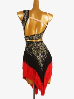 Costume de danse latine noir pour femmes robe en Lycra et Spandex dos nu Sexy franges et strass Costume de danseuse latine
