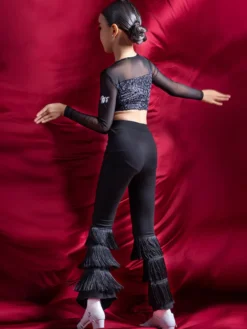 Costume de danse latine pantalon en Polyester noir pour fille haut vêtements de danse latine