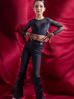 Costume de danse latine pantalon en Polyester noir pour fille haut vêtements de danse latine