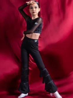Costume de danse latine pantalon en Polyester noir pour fille haut vêtements de danse latine