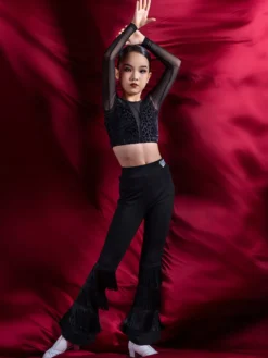 Costume de danse latine pantalon en Polyester noir pour fille haut vêtements de danse latine