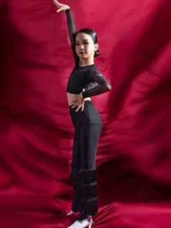 Costume de danse latine pantalon en Polyester noir pour fille haut vêtements de danse latine