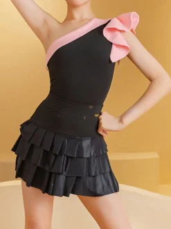 Costume de danse latine pour fille noire jupe en Lycra et Spandex haut Costume de danse Sexy