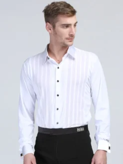 Costume de danse latine pour homme chemise blanche à rayures en élasthanne à manches longues chemises de compétition de danse latine
