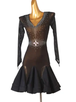 Costume de danse latine Robe en polyester pour femmes noires Sexy Strass Danseuse latine Costume de danse