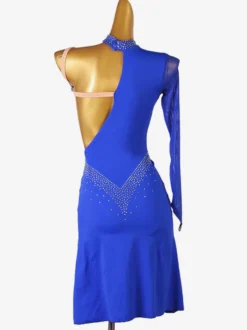Costume De Danse Latine Robe Lycra Spandex Bleu Royal Femme Dos Nu Élégant Costume De Danse Strass