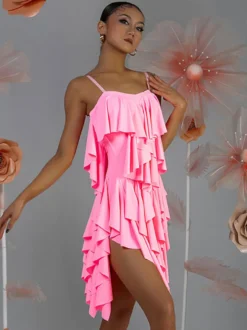 Costume de danse latine rose pour femmes ensemble superposé de volants robe élégante en Polyester Costume de danse