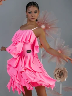 Costume de danse latine rose pour femmes ensemble superposé de volants robe élégante en Polyester Costume de danse
