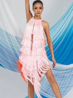 Costume de danse latine rose robe en Polyester pour femmes Costume de danse latine Sexy