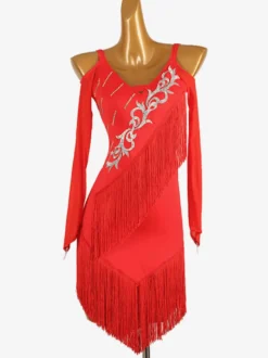 Costume de danse latine rouge Ture robe en Lycra et Spandex pour femmes Costume de danse latine élégant à franges