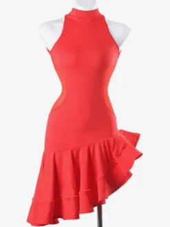 Costume de danse latine rouge pour femmes robe sexy en lycra et spandex à volants et dos nu