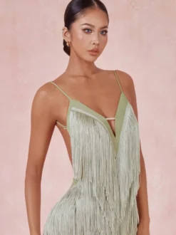 Costume de danse latine vert avocat robe à franges pour femmes robe Sexy en Polyester vêtements de danse
