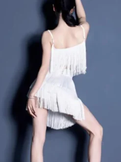 Costume de danse latine vert herbe pour femmes haut élégant en polyester à franges jupe vêtements de danse