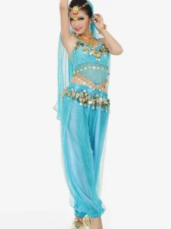 Costume de danse sans manches en mousseline de soie bleue pour femmes tenue de danse du ventre