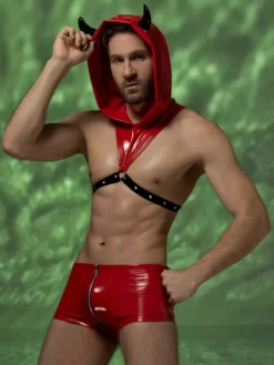 Costume de diable pour homme ensemble short et harnais à capuche en vinyle rouge tenue de cosplay pour Halloween et boîte de nuit