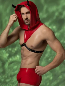Costume de diable pour homme ensemble short et harnais à capuche en vinyle rouge tenue de cosplay pour Halloween et boîte de nuit
