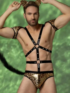 Costume de léopard pour homme ensemble harnais short queue et oreilles tenue de cosplay pour Halloween et soirées en boîte de nuit