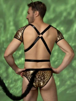 Costume de léopard pour homme ensemble harnais short queue et oreilles tenue de cosplay pour Halloween et soirées en boîte de nuit