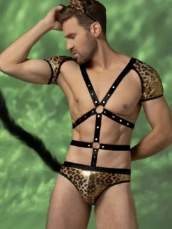 Costume de léopard pour homme ensemble harnais short queue et oreilles tenue de cosplay pour Halloween et soirées en boîte de nuit