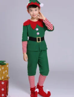 Costume De Noël Elfe Enfant Pantalon Vert 5 Pièces Garçon Déguisement Noël Cadeau Enfant
