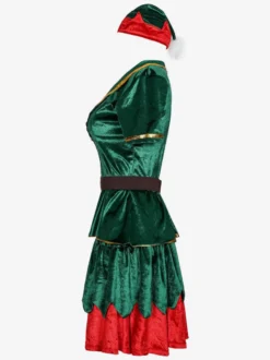 Costume de Noël pour femmes Robe en fibre de polyester vert Chapeau de couleur Bloc Costumes de vacances Ensemble complet