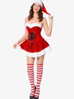 Costume de Noël pour les femmes Robe en fibre de polyester rouge Chapeau Polyester Color Block Costumes de vacances Ensemble complet