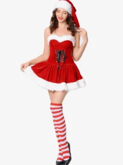 Costume de Noël pour les femmes Robe en fibre de polyester rouge Chapeau Polyester Color Block Costumes de vacances Ensemble complet