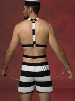 Costume de prisonnier pour homme : ensemble short harnais rayé et chapeau à chaîne tenue d'Halloween ou de boîte de nuit