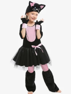 Costume De Rôle D'animal Halloween Cosplay Déguisement Chat Noir Rose Nœud