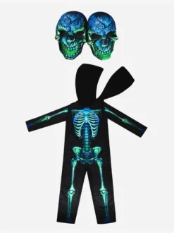 Costume de squelette d'Halloween pour enfants masque à deux têtes et combinaison tenue de scène