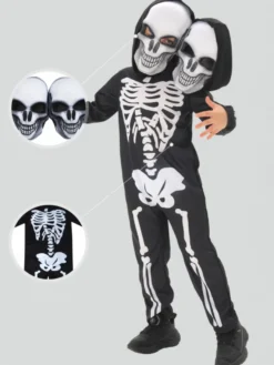 Costume de squelette d'Halloween pour enfants masque à deux têtes et combinaison tenue de scène