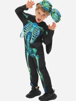 Costume de squelette d'Halloween pour enfants masque à deux têtes et combinaison tenue de scène