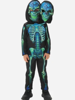 Costume de squelette d'Halloween pour enfants masque à deux têtes et combinaison tenue de scène