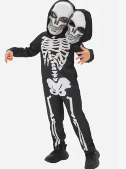 Costume de squelette d'Halloween pour enfants masque à deux têtes et combinaison tenue de scène