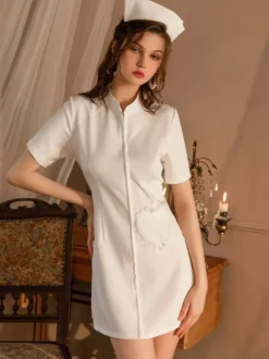 Costume D'infirmière Sexy Blanc Femme Polyester Cœurs Robe T-Back Lingerie