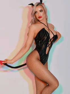 Costume d'infirmière sexy Halloween noir pour femme combinaison en cuir PU et collants