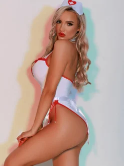 Costume d'infirmière sexy pour Halloween robe blanche dos en T pour femme