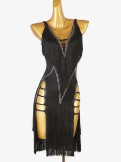 Costume Robe De Danse Latine Noir Robe Fendue Femmes Strass Frange Dos Nu Sexy Lycra Spandex