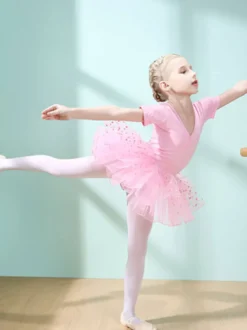 Costumes de danse de ballet Danseuse pour enfants rose pour fille volants découpés robe en mélange de coton plissée à pois tenue de performance tunique costume de danse