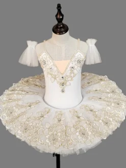 Costumes de danse de ballet pour enfants Robe tutu à épaules ouvertes en dentelle brodée bleu ciel clair