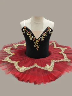 Costumes de danse de Ballet rouge fille enfant ballerine appliques strass dentelle Polyester robe ensemble vêtements de danse
