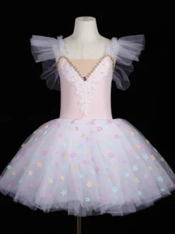 Costumes de Danse de Ballet Violet Femme Enfant Ballerine Volants Dentelle Imprimé Floral Robe en Polyester Vêtements de Danse