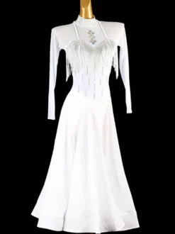 Costumes de danse de salon blanc femmes Sexy col montant Lycra Spandex robe robe de danse à franges