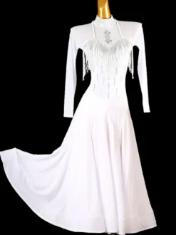 Costumes de danse de salon blanc femmes Sexy col montant Lycra Spandex robe robe de danse à franges