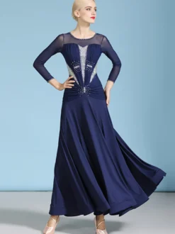 Costumes de danse de salon bleu marine foncé robe en Polyester à col bijou pour femmes vêtements de danse superposés avec strass
