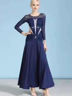 Costumes de danse de salon bleu marine foncé robe en Polyester à col bijou pour femmes vêtements de danse superposés avec strass