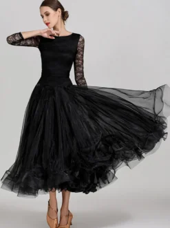 Costumes de danse de salon bleu ciel clair robe en Polyester à col bijou pour femmes robe de danse superposée en dentelle à plusieurs niveaux