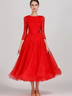 Costumes de danse de salon bleu ciel clair robe en Polyester à col bijou pour femmes robe de danse superposée en dentelle à plusieurs niveaux