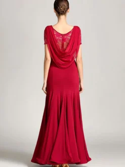 Costumes de danse de salon bordeaux pour femmes robe élégante transparente en Polyester col bénitier à volants en dentelle robe de danse plissée